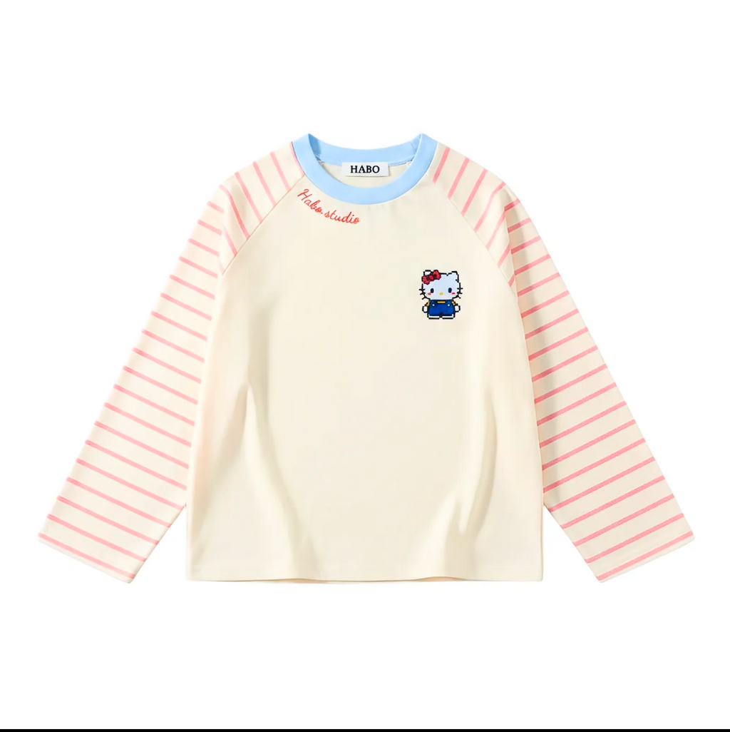 Hello Kitty Striped Raglan Long Sleeve T-Shirt – Unisex Oversized Cotton Casual Top