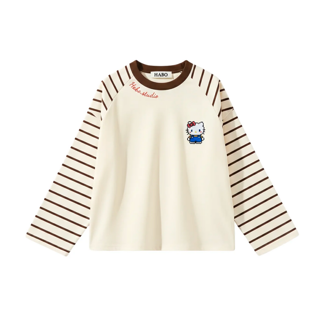 Hello Kitty Striped Raglan Long Sleeve T-Shirt – Unisex Oversized Cotton Casual Top