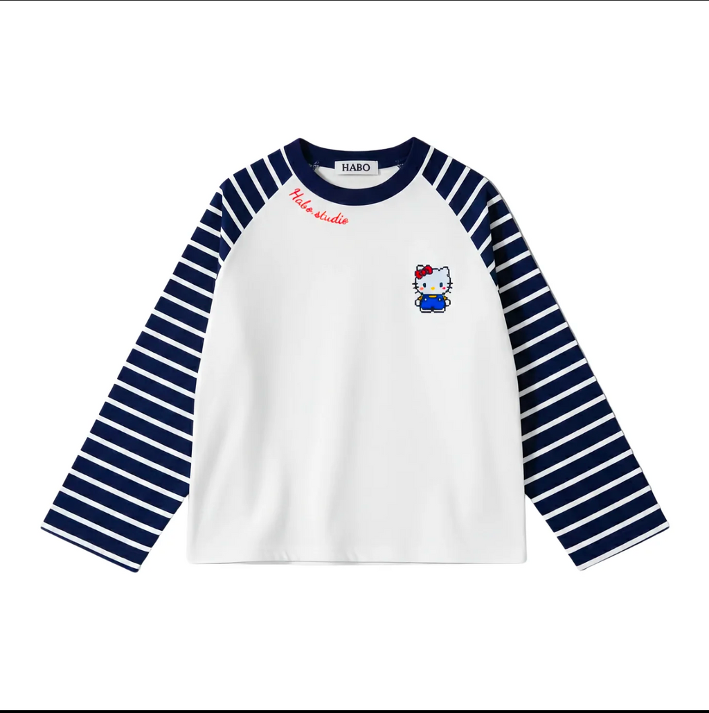 Hello Kitty Striped Raglan Long Sleeve T-Shirt – Unisex Oversized Cotton Casual Top