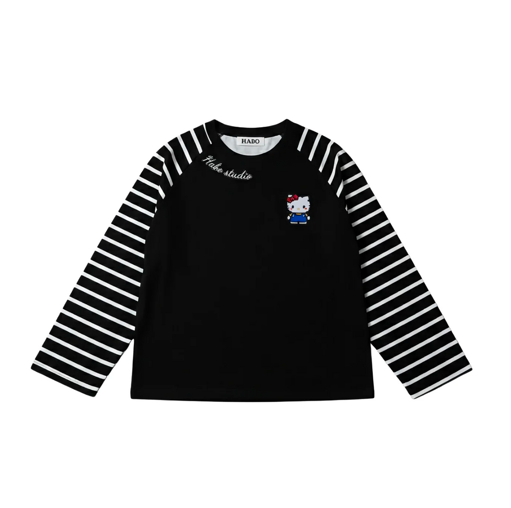 Hello Kitty Striped Raglan Long Sleeve T-Shirt – Unisex Oversized Cotton Casual Top